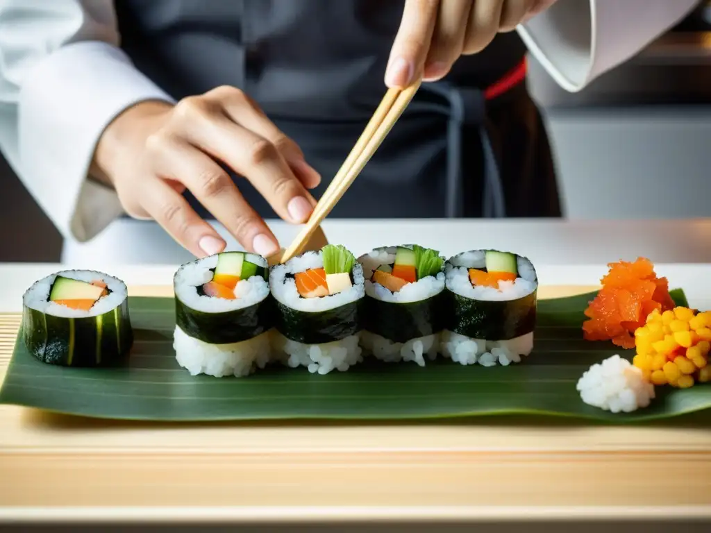 Un experto chef de sushi crea con destreza un rollo de sushi, exudando innovación y tradición en la gastronomía asiática moderna