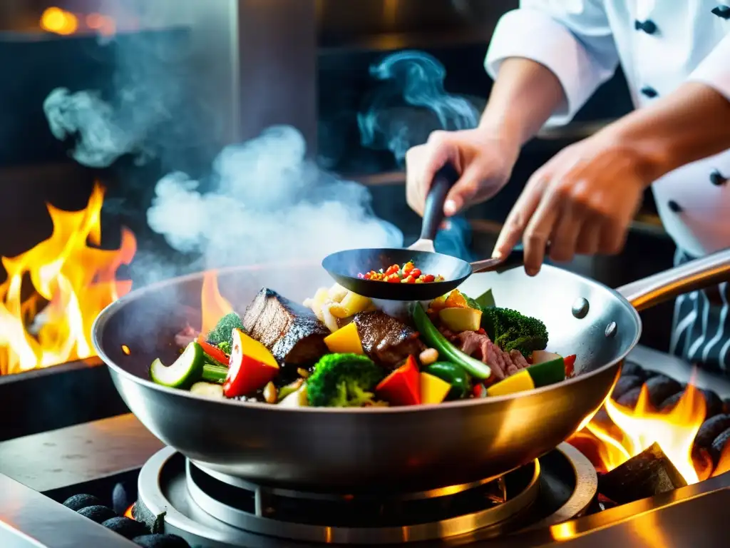 Un experto chef cocina con intensidad en un wok de alta gama, creando una experiencia sensorial de cocina china tradicional