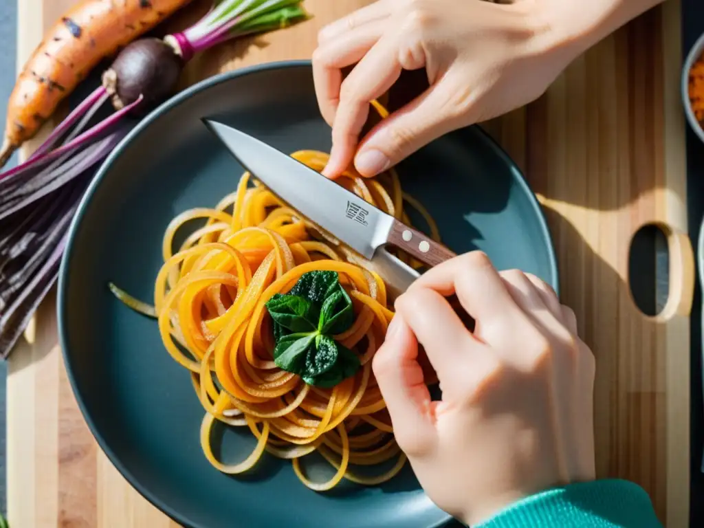 Un experto corta delicadas y transparentes tiras de batata para la receta tradicional japchae cristal coreano, mostrando habilidad y precisión