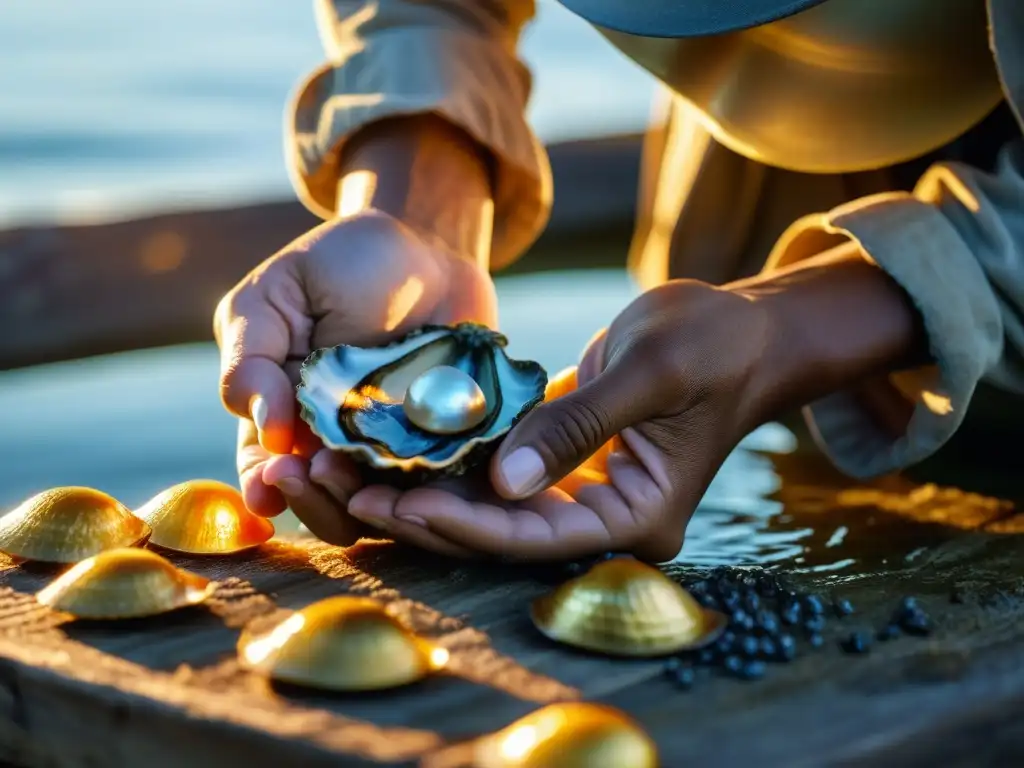 Un experto cultivador de perlas inspecciona con cuidado una ostra recién cosechada bajo la cálida luz del sol, revelando una perla iridiscente