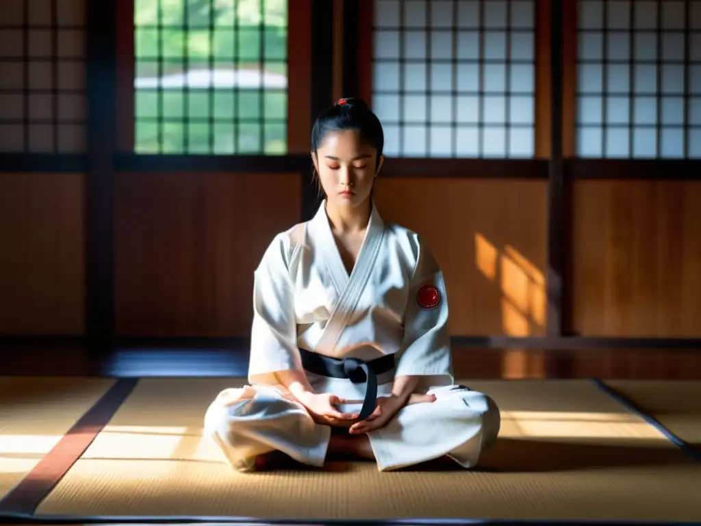 Un experto karateka medita en el dojo, mostrando calma y concentración