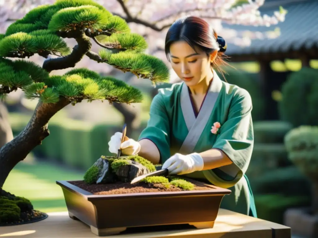 Un experto jardinero japonés poda con precisión un bonsái, rodeado de un paisaje sereno y exuberante