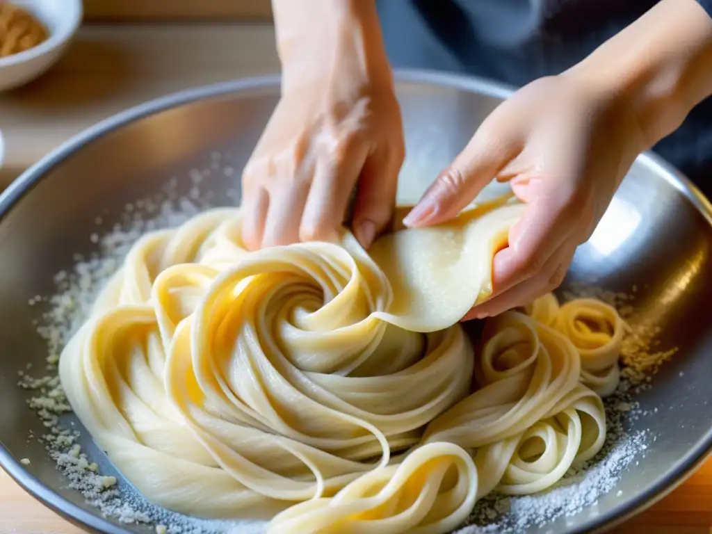 Un experto amasa la masa para hacer fideos Janchi Guksu, con destreza y pasión