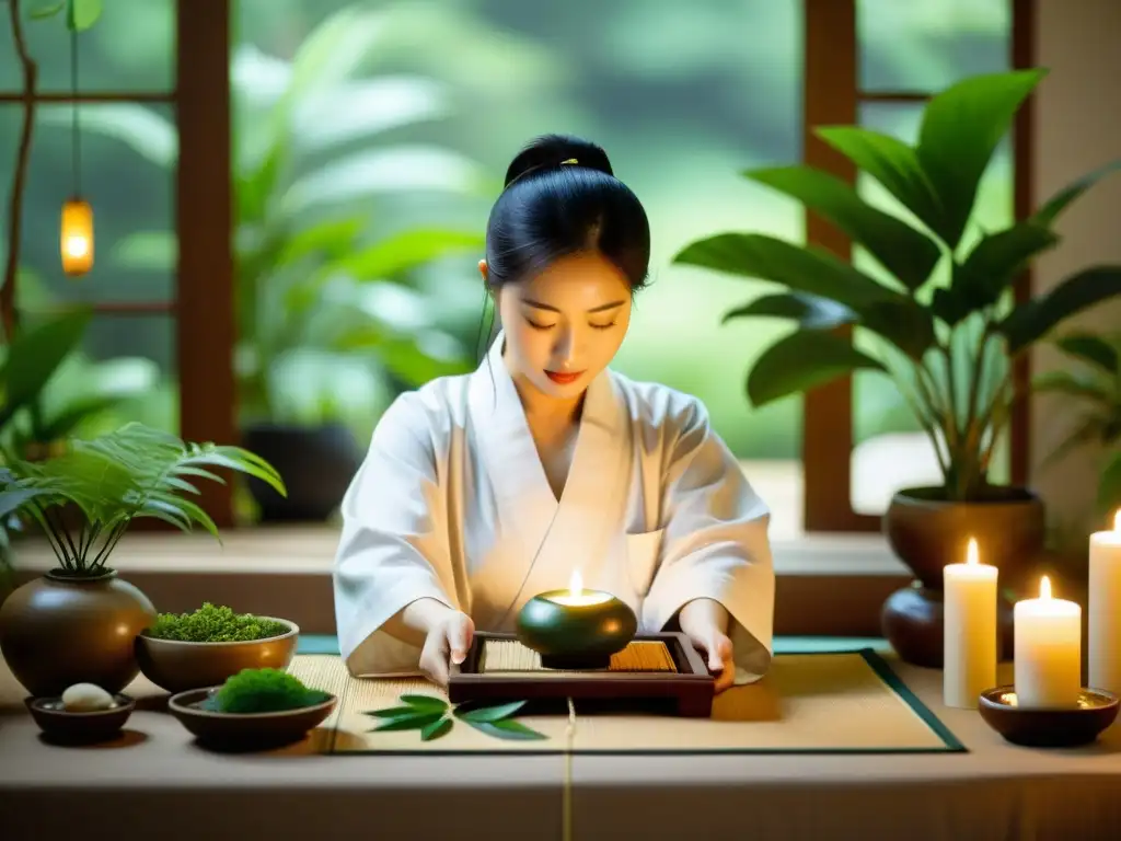 Un experto en medicina china realiza un ritual de feng shui para promover la salud en un espacio sereno y armonioso