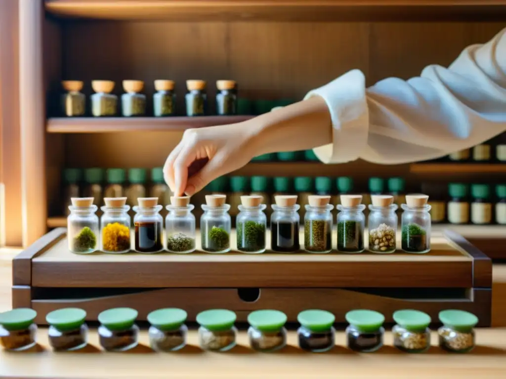 Un experto en medicina tradicional china organiza hierbas y remedios naturales en una mesa de madera, con luz natural filtrándose por la ventana