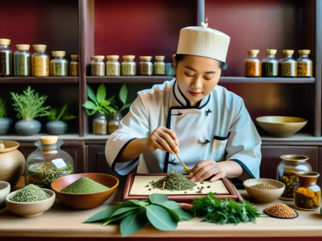 Un experto en medicina tradicional china selecciona hierbas para una dieta según Medicina Tradicional China en un ambiente auténtico y acogedor