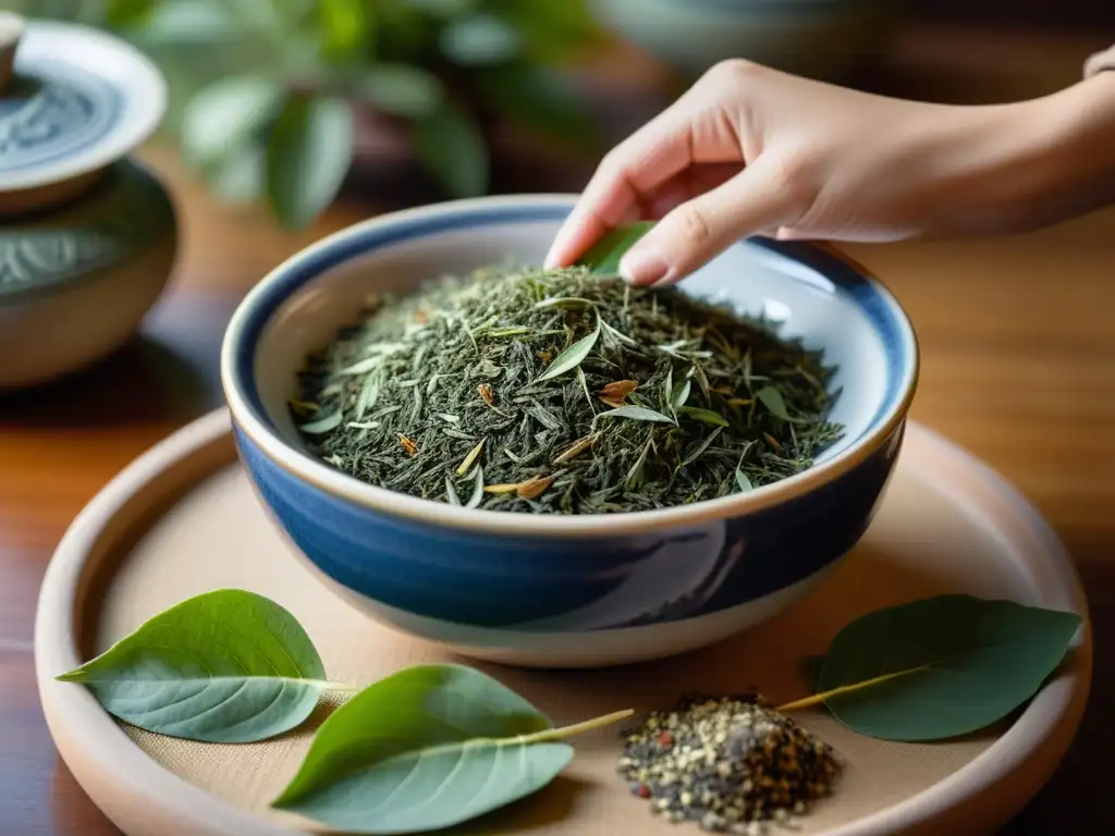 Un experto en medicina tradicional china prepara meticulosamente té suelto en un tazón de cerámica rodeado de hierbas y frascos de botica