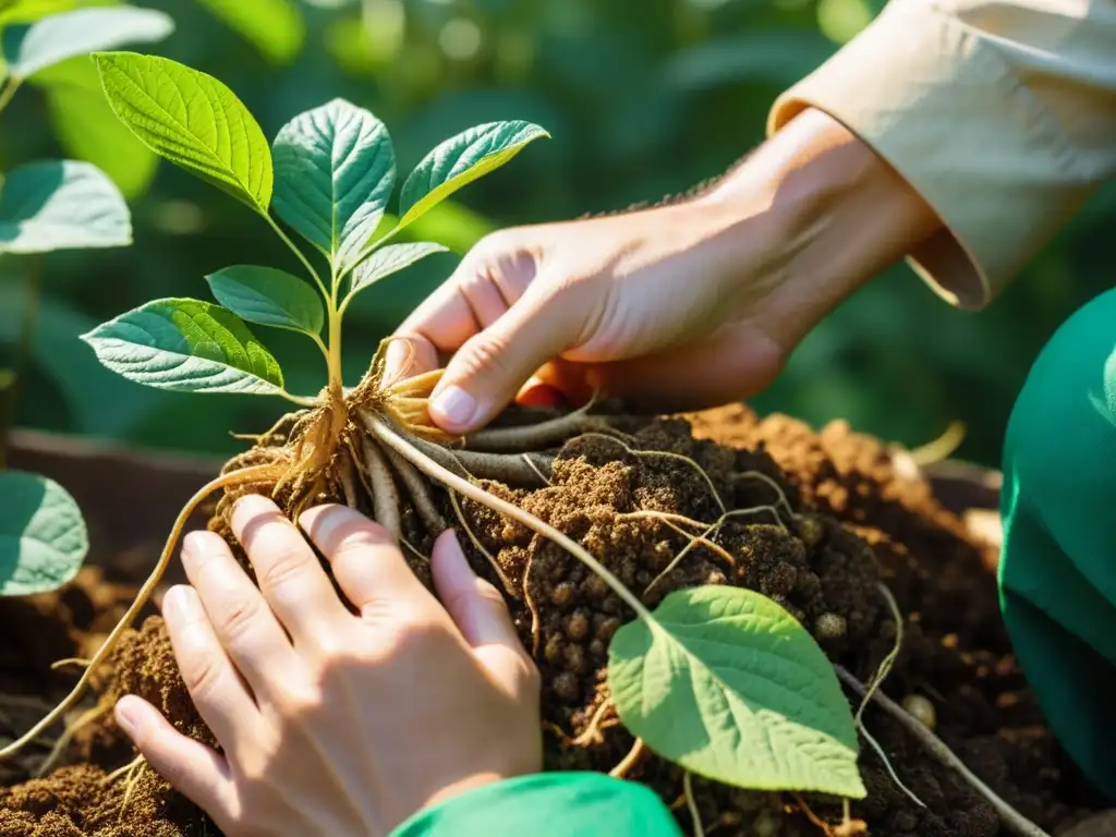 Un experto recolecta cuidadosamente una raíz de ginseng en un campo soleado de Corea del Sur