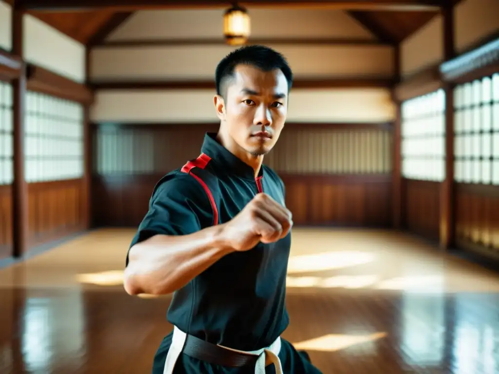 Un experto en Wing Chun en un salón de entrenamiento de madera, demostrando precisión y control en su golpe