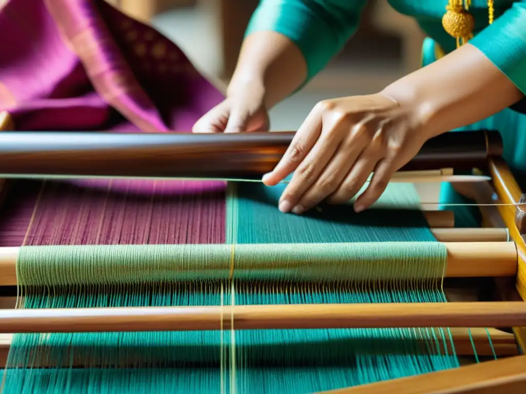 Un experto tejedor asiático crea una tela exótica de lujo en un telar de madera, destacando la artesanía y belleza de la moda asiática