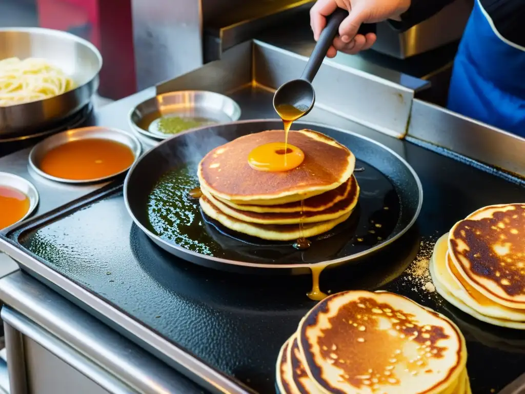 Un experto vendedor callejero coreano prepara deliciosos Pancakes dulces coreanos Hoddeok en una bulliciosa y colorida escena de mercado callejero