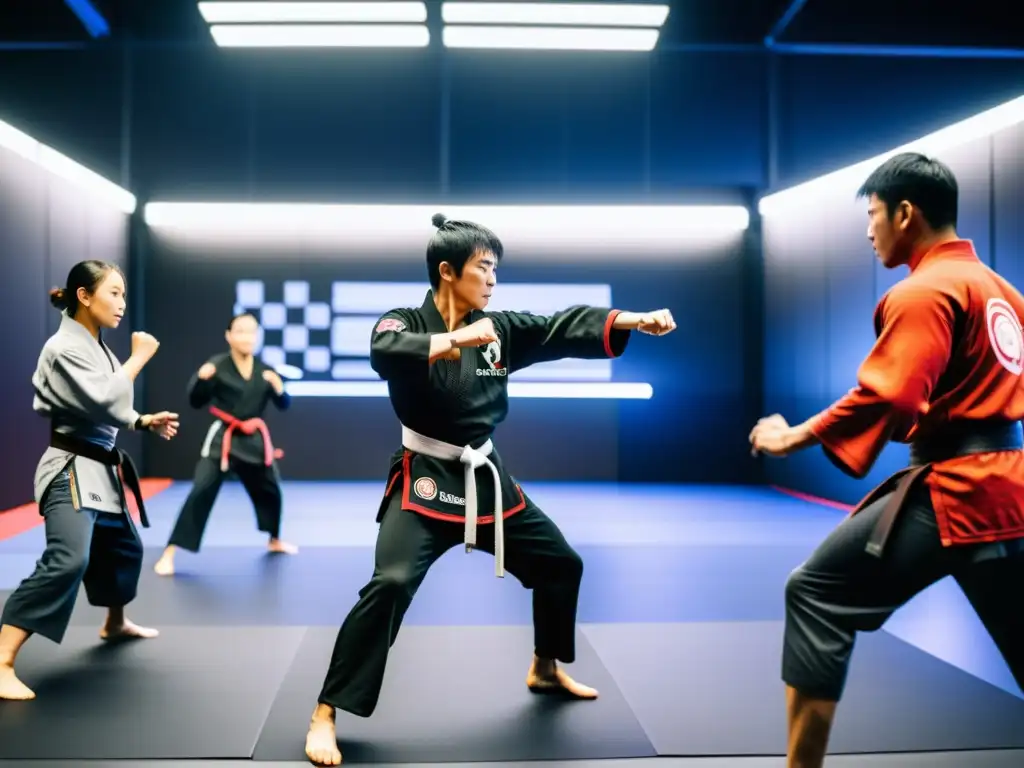 Expertos en artes marciales en el entretenimiento realizan movimientos precisos en un estudio de videojuegos futurista