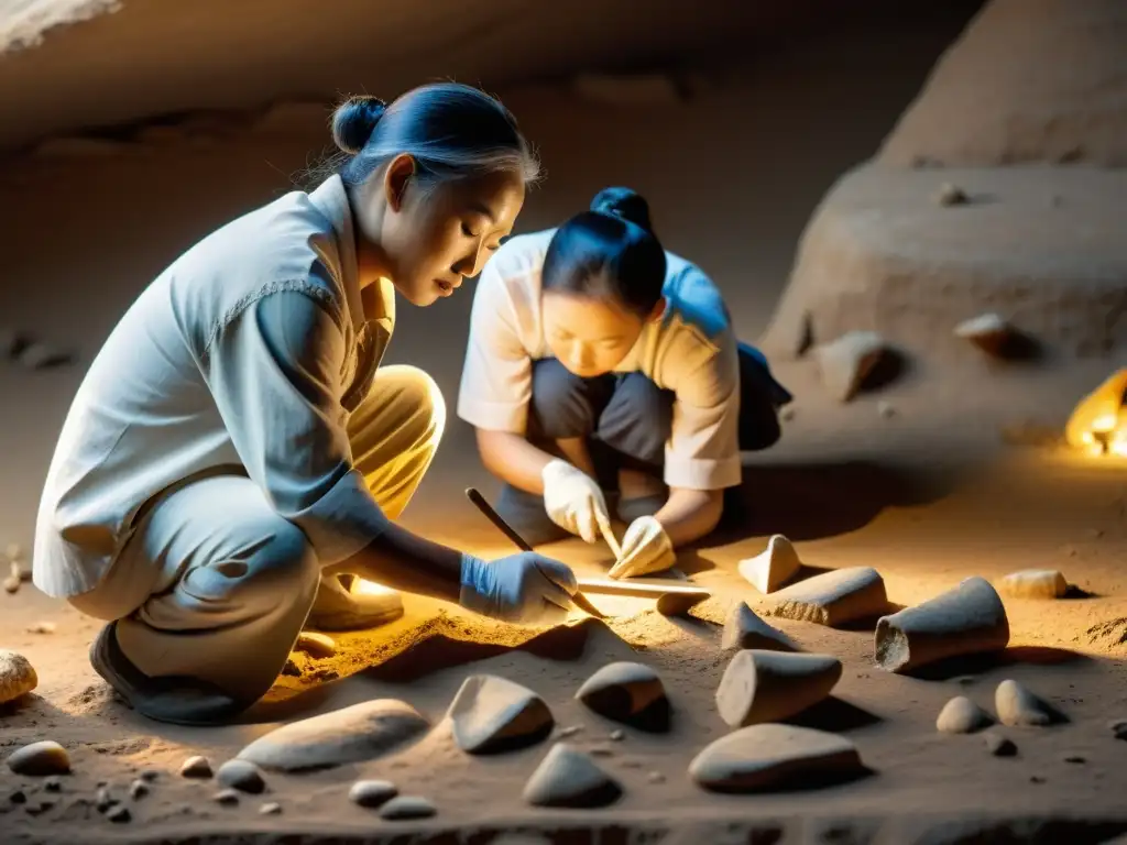 Expertos descifrando oráculos de hueso Shang en excavación iluminada naturalmente