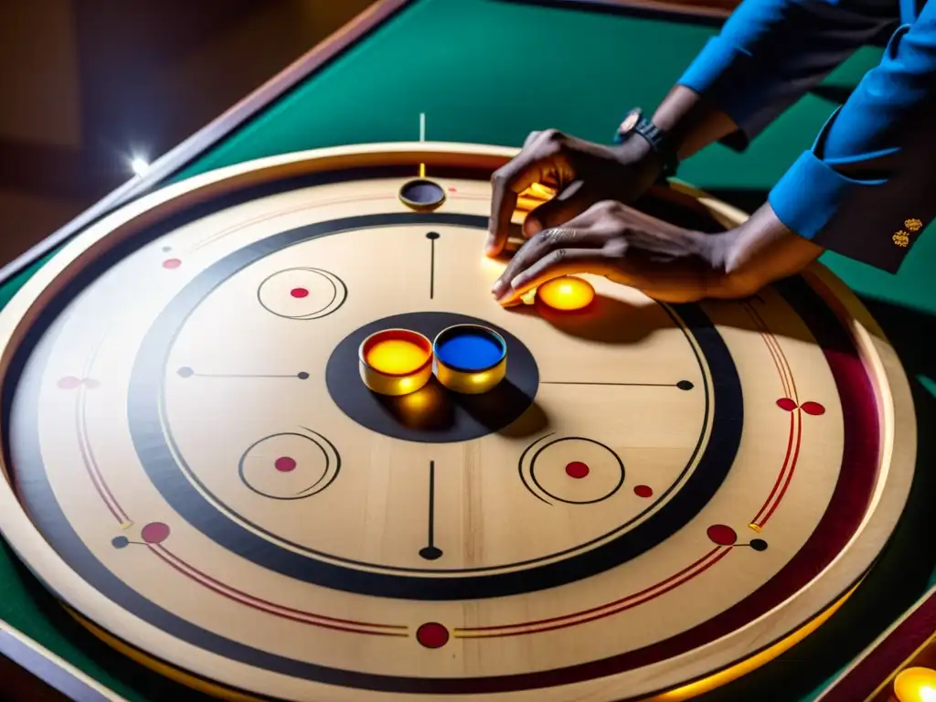 Expertos jugadores de carrom concentrados en estrategias y destrezas del carrom, inmersos en un intenso y detallado partido