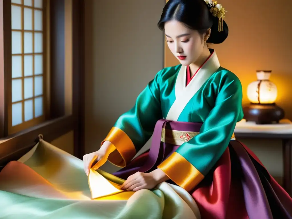 Expertos sastres coreanos cosiendo a mano hanbok tradicionales con hilos de seda, en una escena iluminada por la luz natural