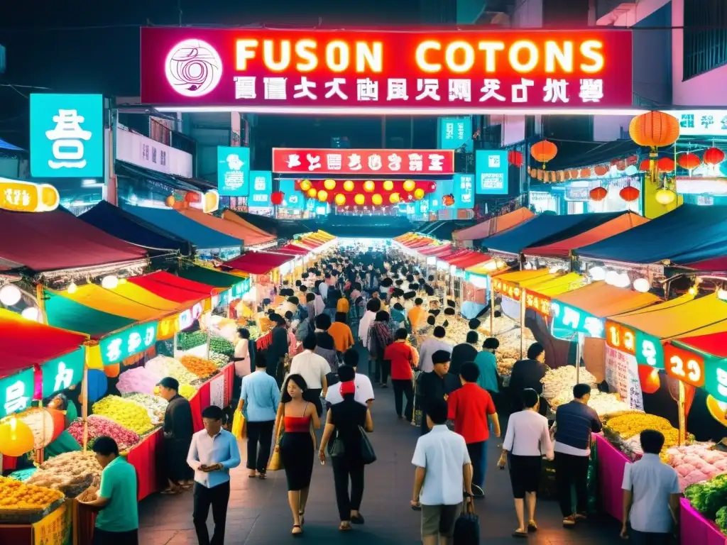 Exploración de criptomonedas alternativas en un mercado nocturno vibrante de Asia, reflejando la fusión de tradición y tecnología