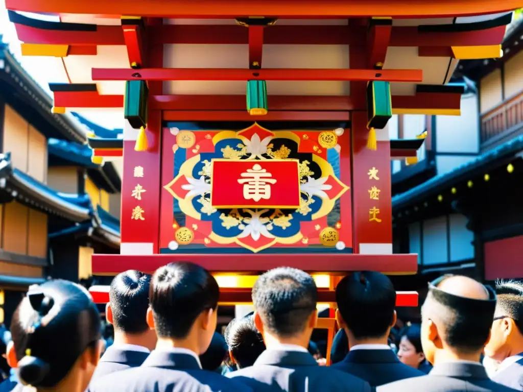 Exploración del Pantheon Japonés Matsuri Gion: Mikoshi adornado con intrincadas tallas y colores vibrantes, llevado en procesión por las calles de Gion durante el festival