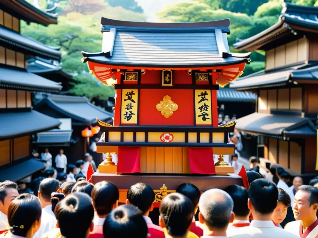 Exploración del Pantheon Japonés Matsuri Gion: Mikoshi ornamental llevado en procesión festiva por las calles de Gion, Japón