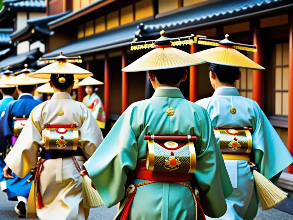 Exploración del Pantheon Japonés Matsuri Gion: Fotografía documental de participantes ataviados en trajes tradicionales, portando objetos ceremoniales, en un desfile detallado y colorido