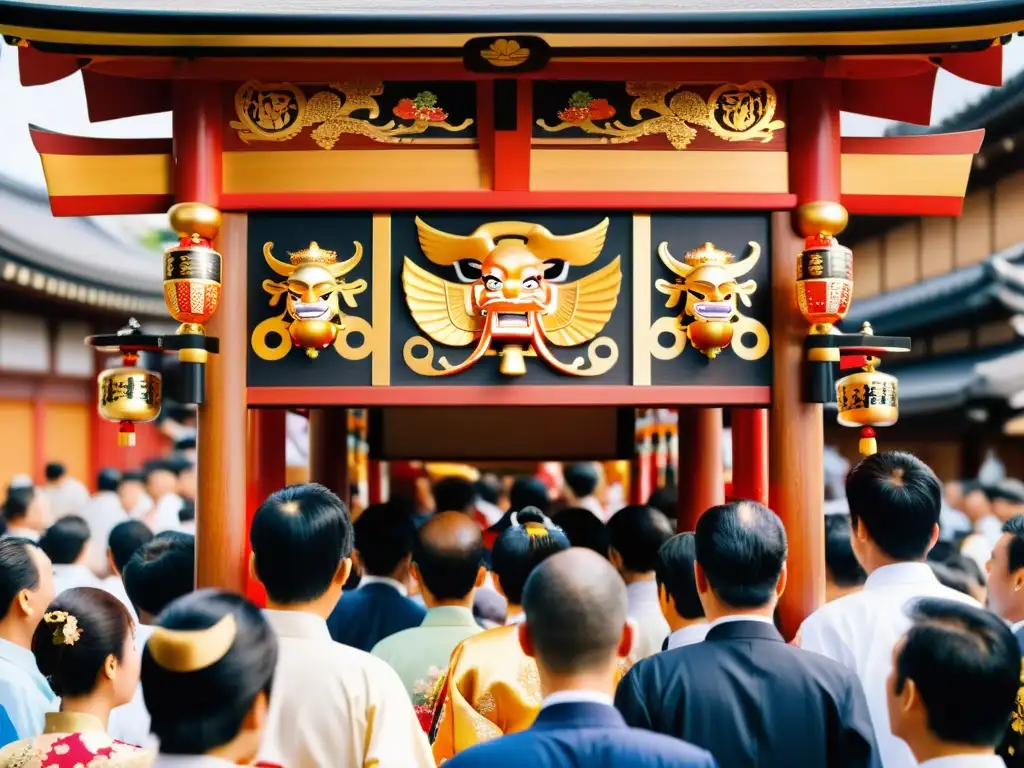 Exploración del Pantheon Japonés Matsuri Gion: Mikoshi tradicional japonés, vibrantes colores y celebración en las calles de Gion durante el festival