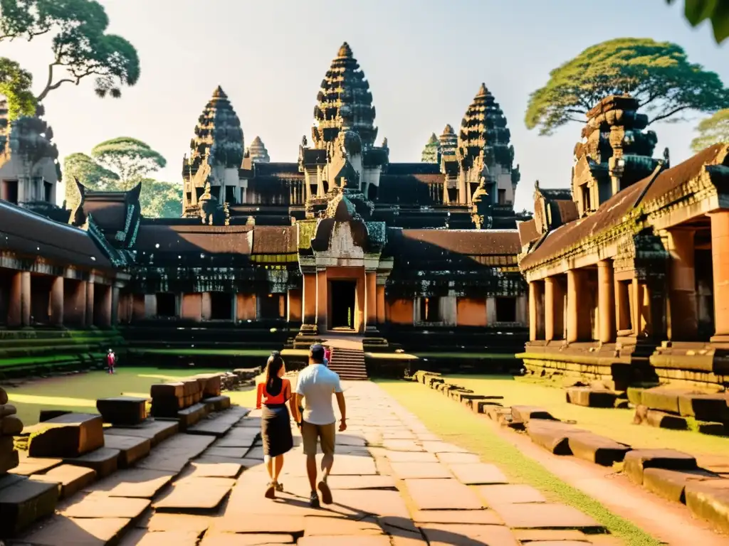 Exploración respetuosa de turistas en Angkor Wat, mostrando su admiración por las antiguas ruinas