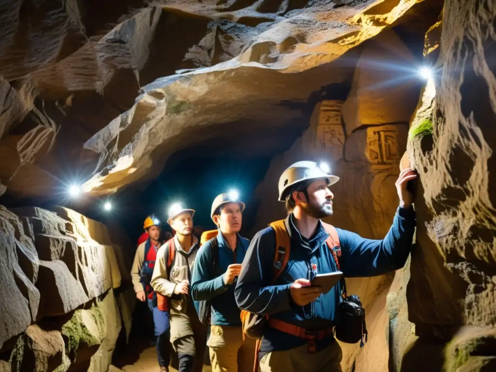 Exploradores subterráneos con linternas y equipo de escalada, descubriendo antiguas inscripciones en un estrecho pasaje subterráneo