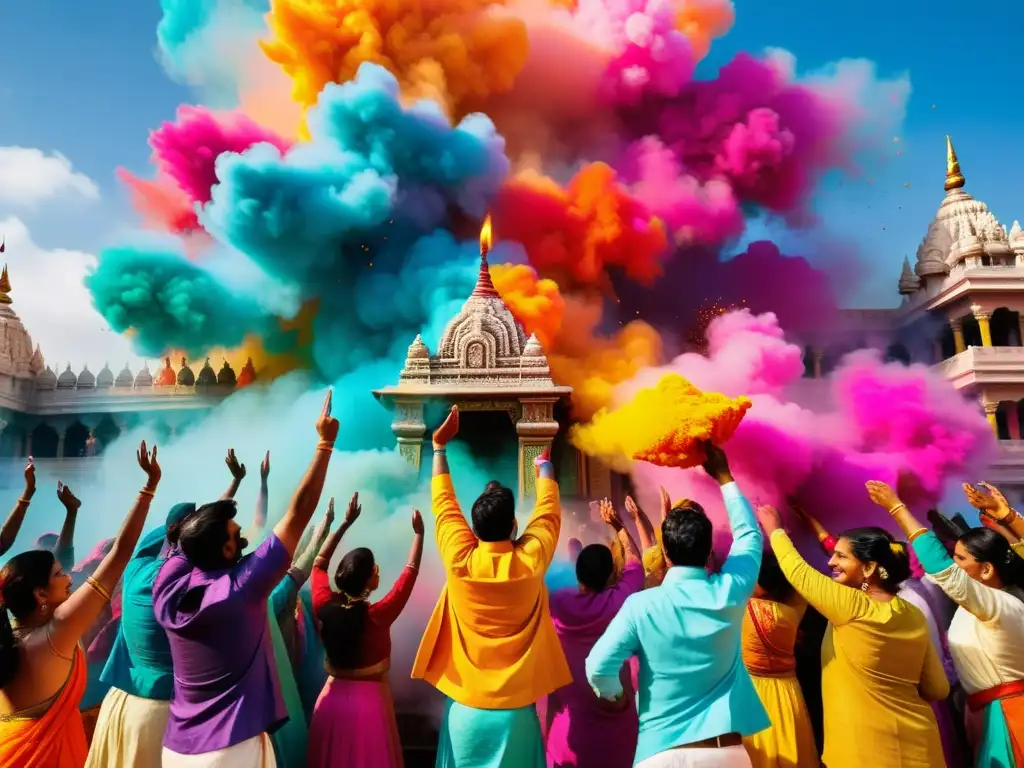 La explosión de color en un festival hindú tradicional frente a un templo histórico