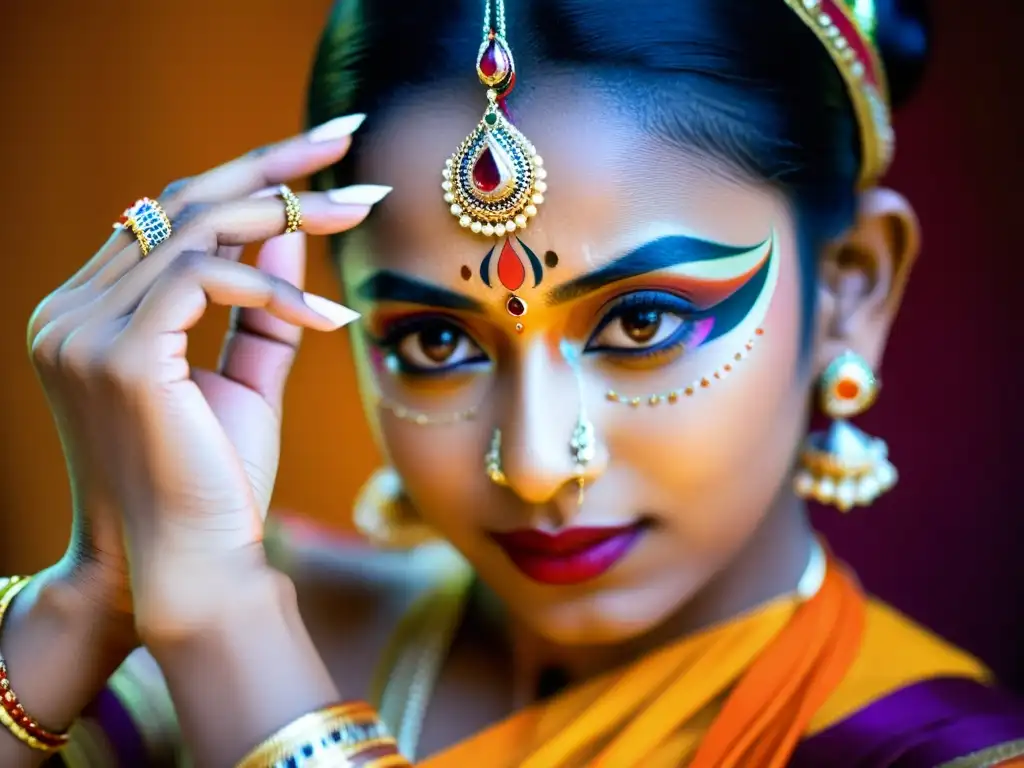 Expresivos ojos de bailarina de Bharatanatyam, maquillaje tradicional y joyas, transmiten la filosofía divina de la danza clásica india