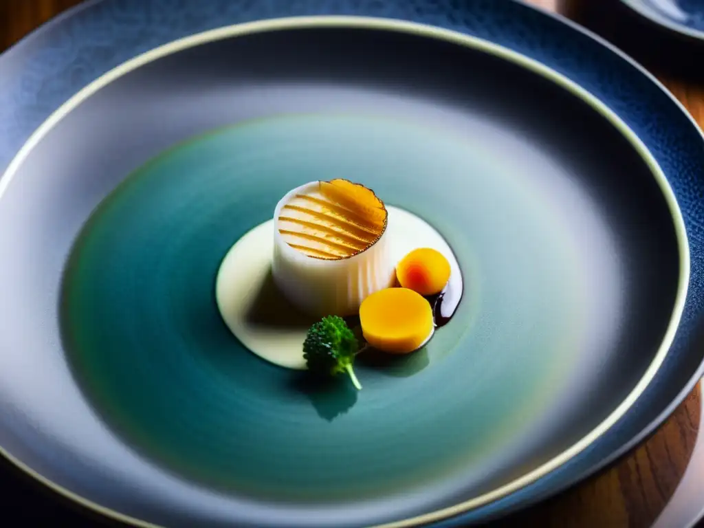 Exquisita alta cocina asiática estrellas Michelin en un restaurante elegante y refinado, con plato vibrante como obra de arte