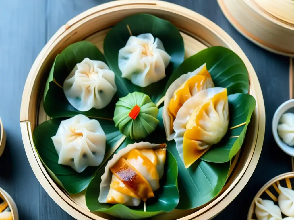 Exquisita evolución de aperitivos asiáticos en una bandeja de dim sum con dumplings al vapor, bollos y rollitos primavera