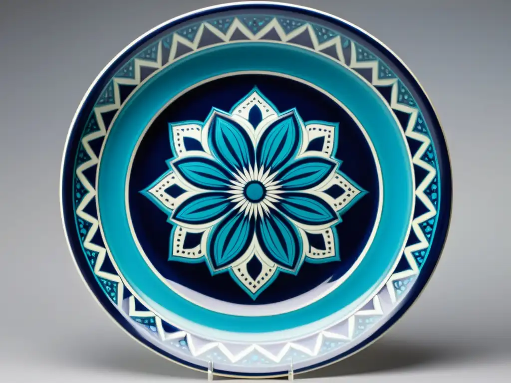 Una exquisita artesanía de cerámica con patrones geométricos en el arte islámico: un diseño estrellado en azul, turquesa y blanco, con motivos florales y una impresionante ilusión óptica de profundidad y movimiento