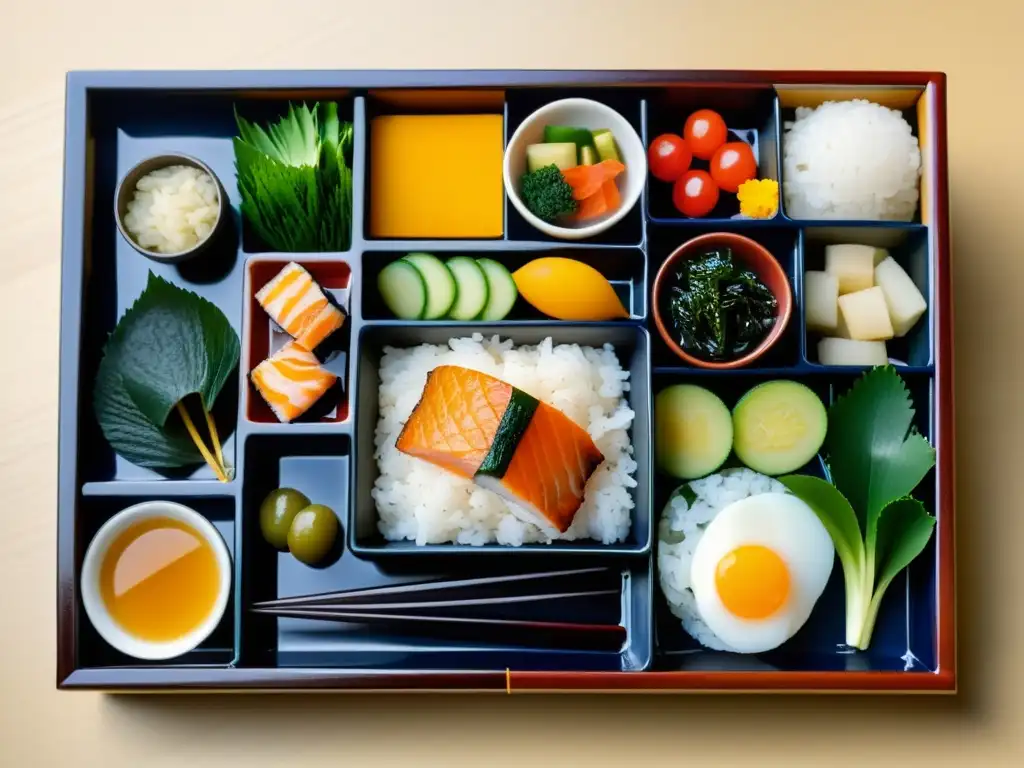 Una exquisita bandeja de bento japonés con alimentos tradicionales, reflejando la cultura samurai y su alimentación y nutrición