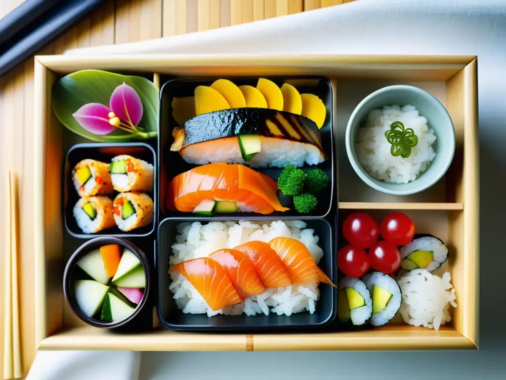 Una exquisita bento box japonesa con sushi, vegetales encurtidos, pescado a la parrilla y arroz, exhibe la belleza de la dieta asiática