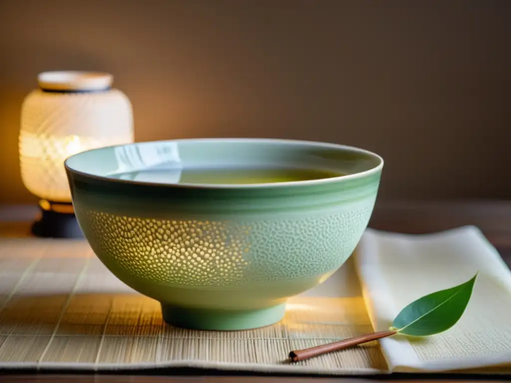 Una exquisita ceremonia del té japonés en una hermosa cerámica, iluminada por una suave linterna de papel, evocando el ritual asiático piel porcelana