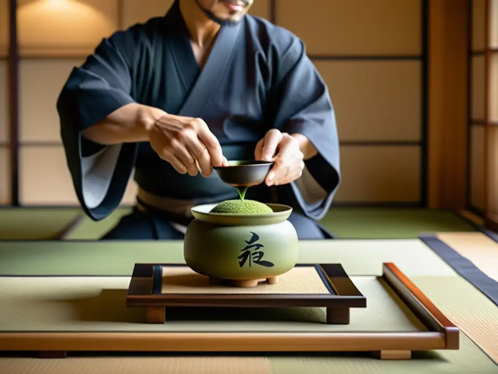 Exquisita ceremonia del té japonés en tatami, con decoración minimalista y ambiente sereno