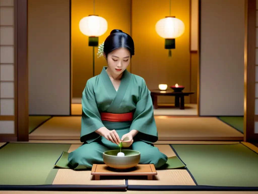 Exquisita ceremonia del té japonesa: anfitriona en kimono vierte matcha en tazas de cerámica, rodeada de decoración minimalista y suave luz de linternas de papel