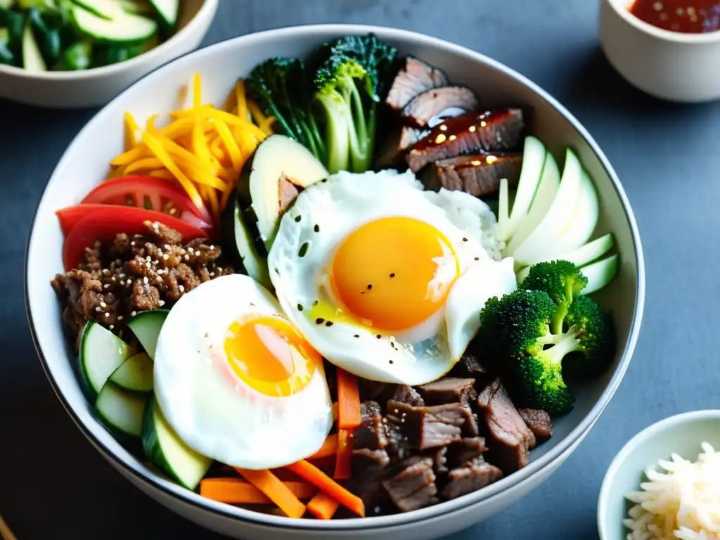 Una exquisita y colorida bibimbap coreana con sabores dulces y picantes en cocina asiática