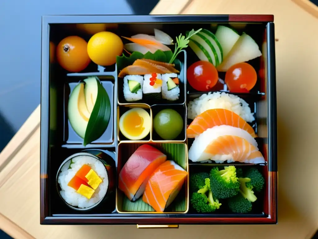 Una exquisita y detallada caja bento japonesa, con ingredientes frescos y vibrantes dispuestos con precisión, siguiendo los principios de la Dieta del Guerrero en Artes Marciales