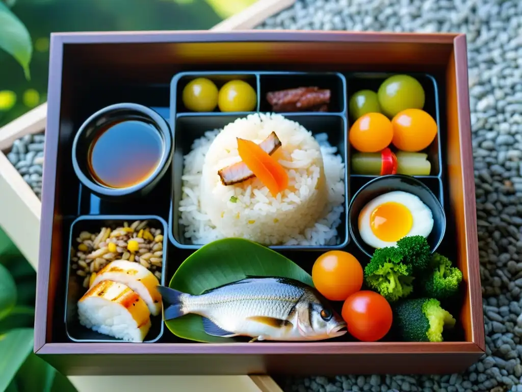 Una exquisita y detallada imagen de un clásico bento japonés en un apacible jardín, reflejando la cultura samurai de alimentación y nutrición