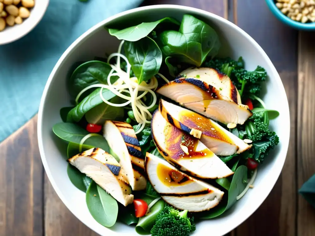 Una exquisita ensalada con fusión de ingredientes asiáticos saludables, en un entorno de cocina moderna y luminosa