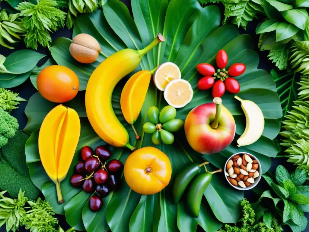 Una exquisita exhibición de frutas, verduras, nueces y granos, en armonía con la naturaleza, representa la alimentación sátvica en hinduismo