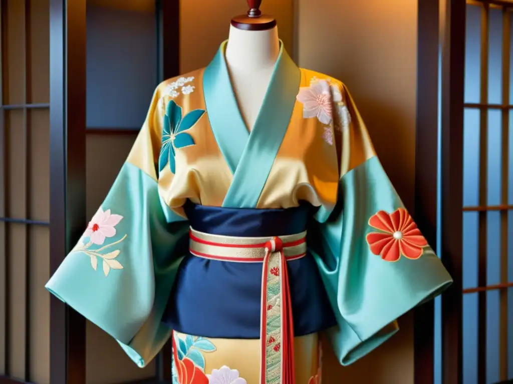 Una exquisita exhibición de un kimono tradicional japonés, mostrando sus intrincadas capas de tela, bordados delicados y colores ricos