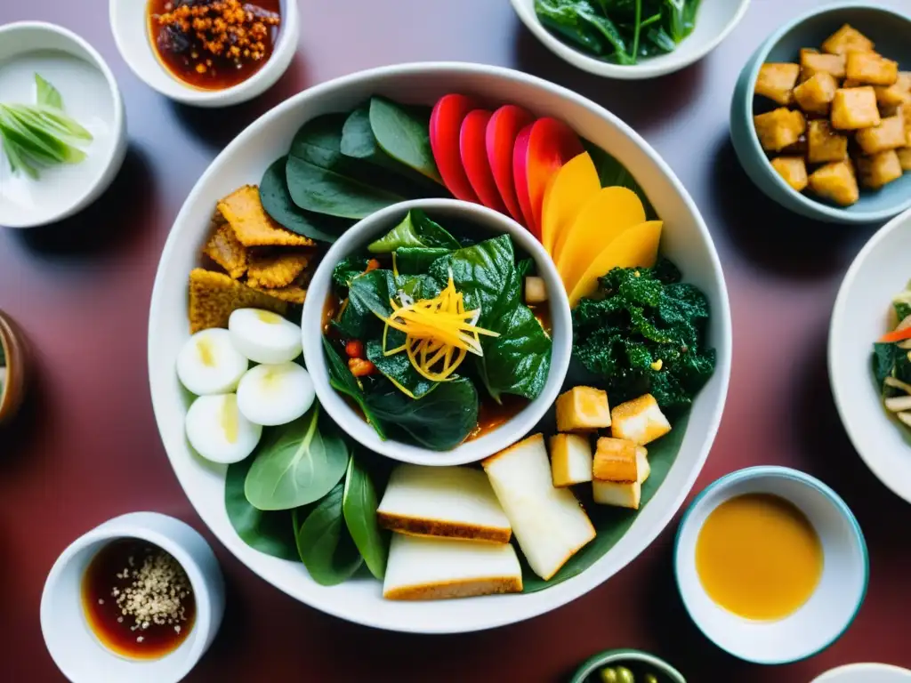 Una exquisita exhibición de banchan, platos coloridos y sabrosos que representan la rica tradición culinaria asiática