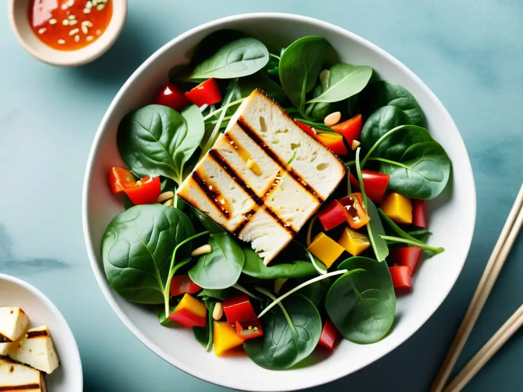 Una exquisita fusión de ingredientes asiáticos saludables en una vibrante ensalada de tofu marinado y aderezo de jengibre de sésamo