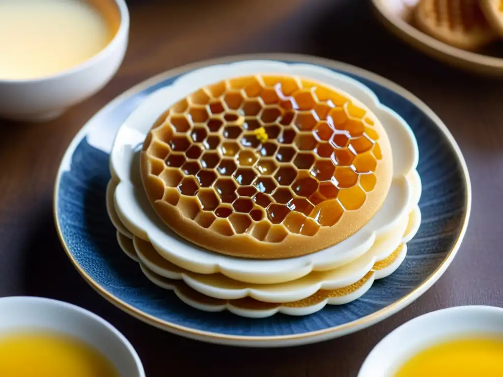 Una exquisita imagen detallada de Yakgwa, galleta tradicional coreana, resaltando su patrón de panal y su rica herencia cultural