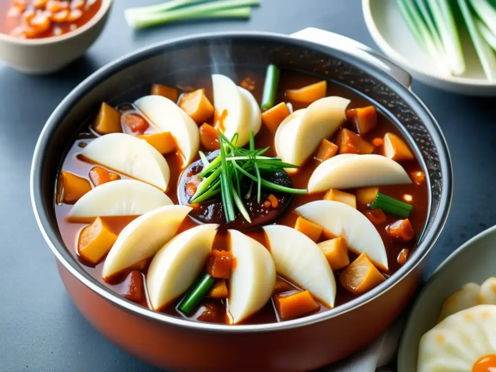 Una exquisita olla de Tteokbokki humeante, con sus llamativos ingredientes y su irresistible vapor