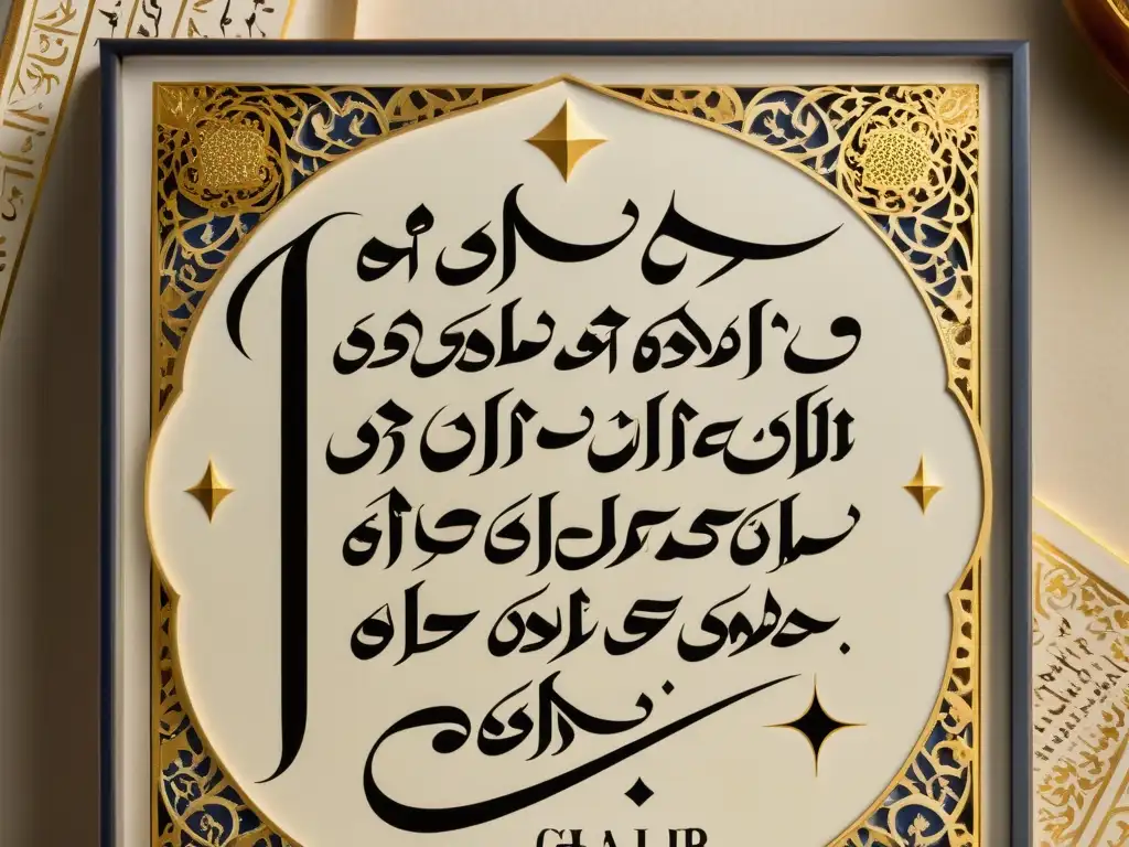 Calligrafía de Mirza Ghalib: Elegante arte en papel Una exquisita pieza de caligrafía urdu con el verso de Mirza Ghalib, enmarcada por motivos florales e iluminada con oro
