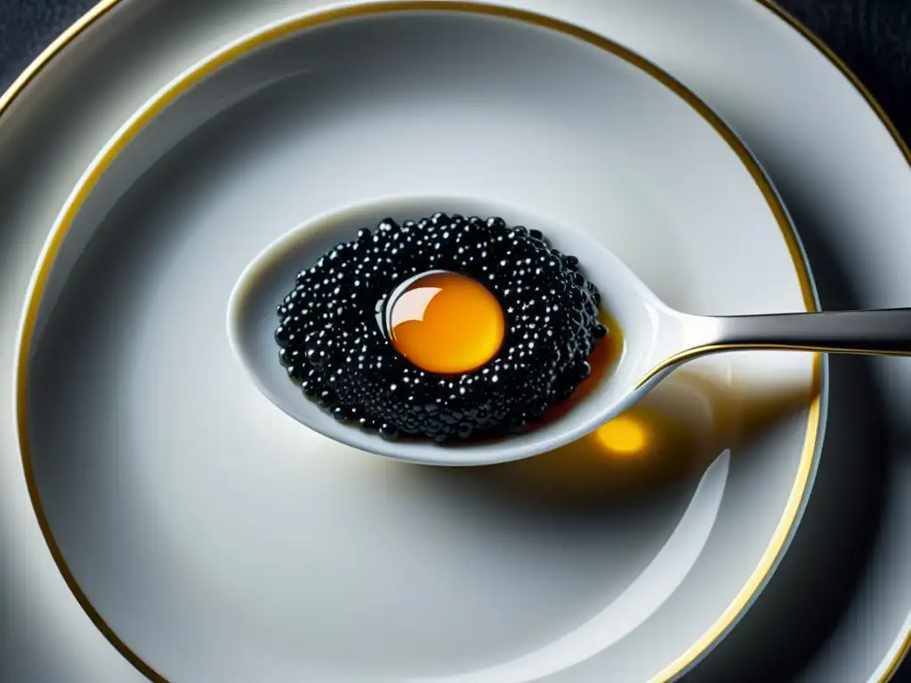 Exquisita preparación de caviar oriental asiático en plato de porcelana blanco, evocando refinamiento y sofisticación