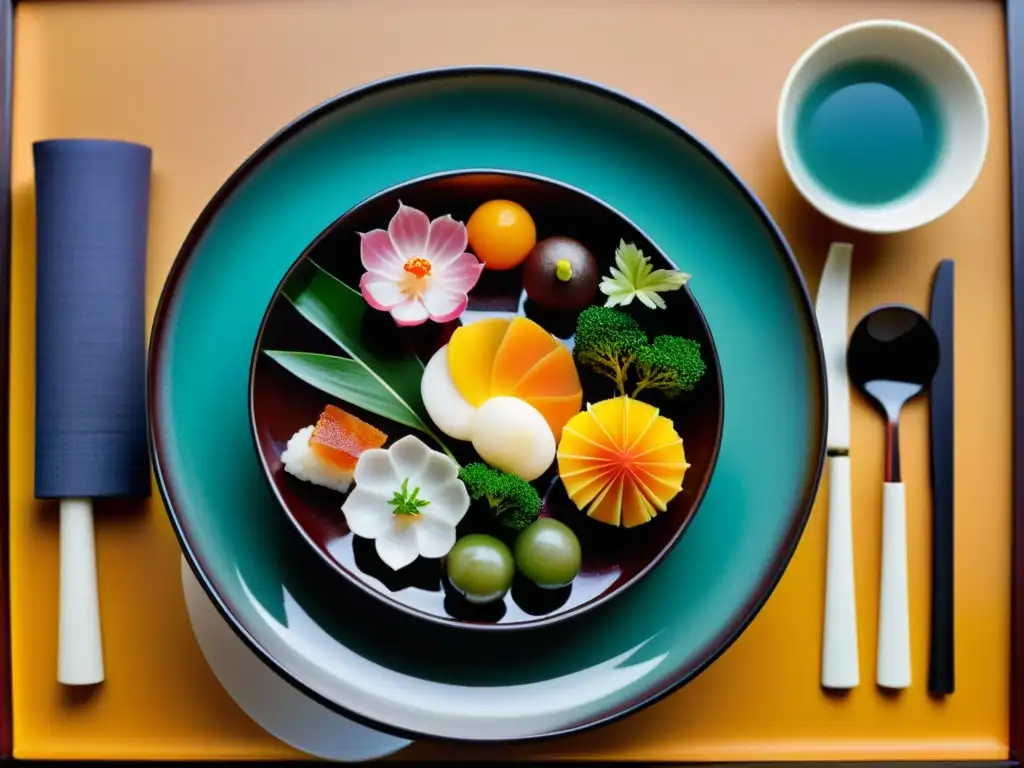 Exquisita presentación de un banquete japonés kaiseki con delicados platos, delicias culinarias hoteles lujo Asia