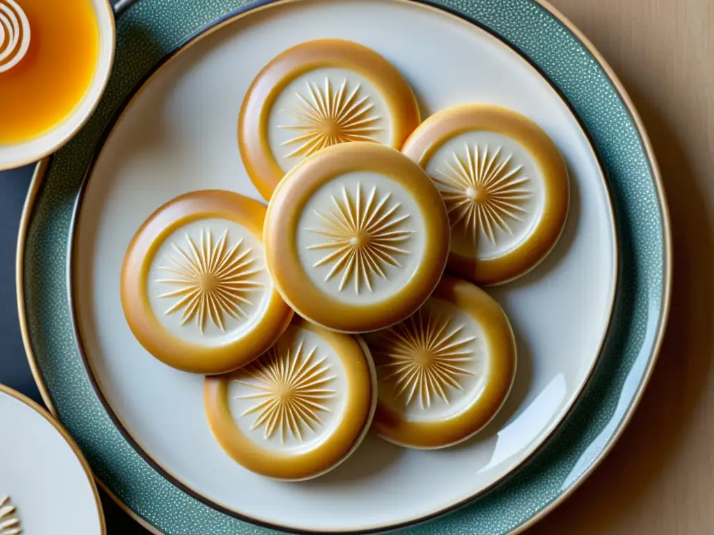 Una exquisita presentación de galletas tradicionales coreanas Yakgwa en un plato de cerámica con patrones florales